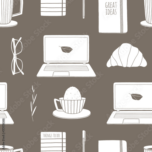 Seamless pattern made of work space essentials. Hand drawn vector background 