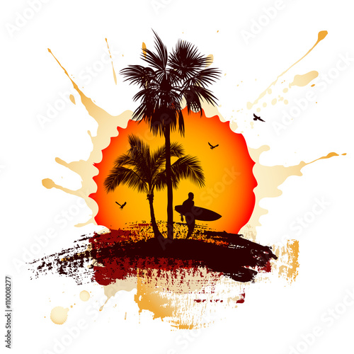 Tropical sunset. Surfer and palm trees.