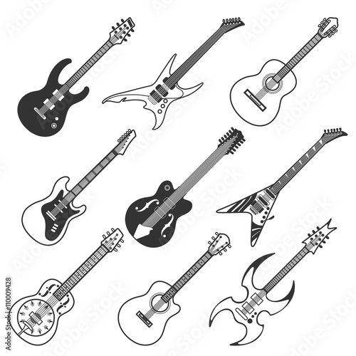 Black guitars vector silhouettes. Classic and bass guitars vector icons