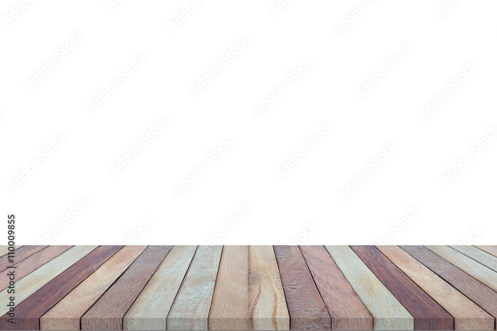 Empty top view of wooden table or counter (shelf) isolated on wh Empty top view of wooden table or counter (shelf) isolated on wh