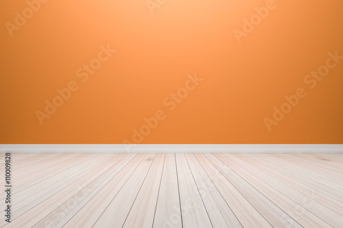 Empty interior light orange room with wooden floor  For display