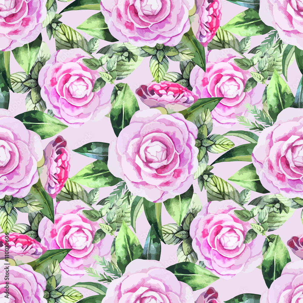 Watercolor camellia seamless pattern