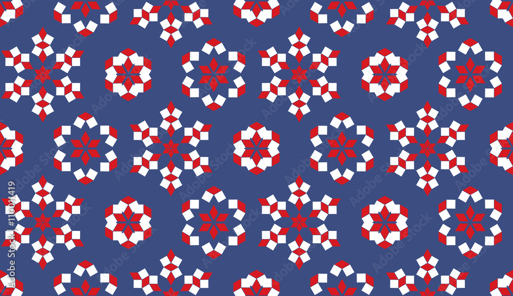 Obraz premium Decorative seamless pattern of red and white geometrical elements on blue background