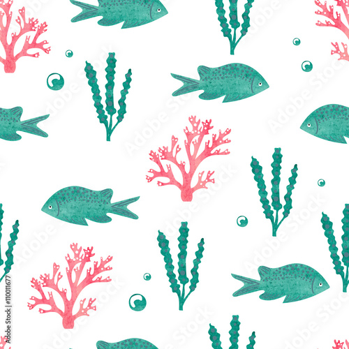 Watercolor seamless pattern with sea fish and seaweed isolated on white. Underwater world, vector background. 