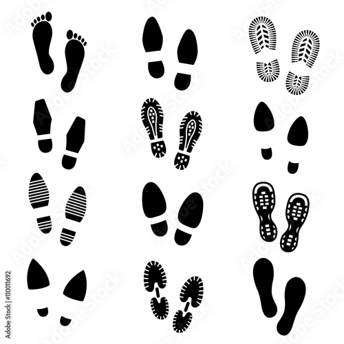 Footprints and shoes footmark vector silhouette icons set. Shoe print, sole shoe track, footprint shoe illustration
