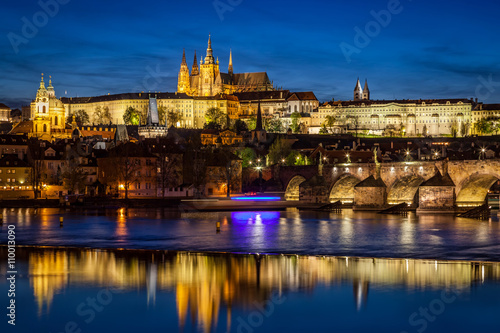 Canvastavla Prague Castle, Hradcany reflecting in Vltava river in Prague, Czech Republic at