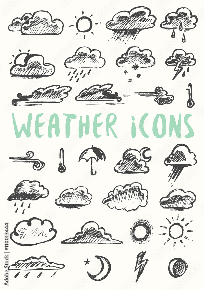 Fototapeta premium Set weather icons drawn style vector illustration