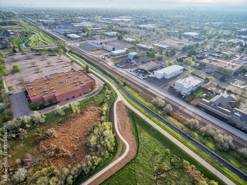 aerial view of bike trails and green areas in Fort Collins, Colorado, spring scenery