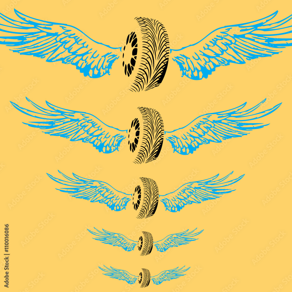 flying wheels with wings suitable for emblem, logo, sign or tattoo