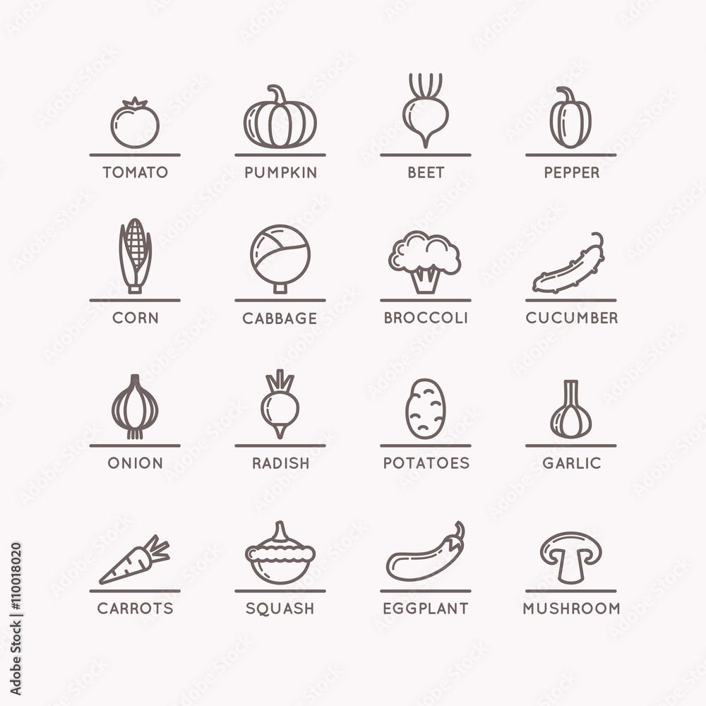 Linear icons of vegetables.