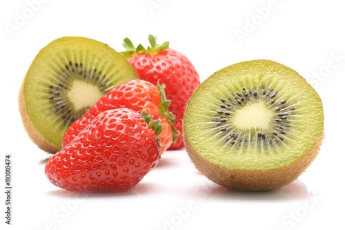Kiwi Fruit and Strawberries on White Background