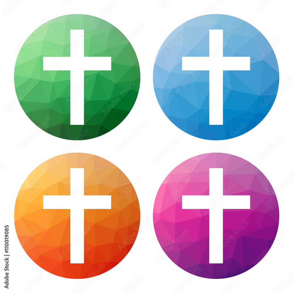 Obraz premium Collection of 4 isolated modern low polygonal buttons - icons - for latin cross, symbol of Christianity