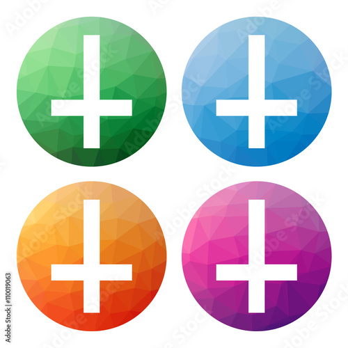 Collection of 4 isolated modern low polygonal buttons - icons - for Cross of Saint Peter, Petrine cross, inverted latin cross, religion, christian symbol, recently also anti-christian symbol