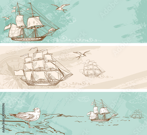 Vintage banners with sailing ships