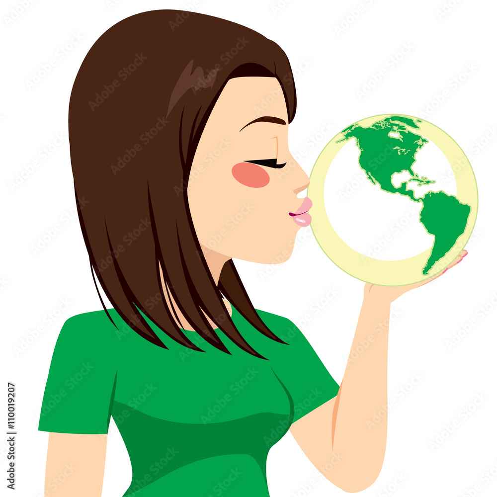 Beautiful young girl kissing green earth globe for recycling concept Beautiful young girl kissing green earth globe for recycling concept