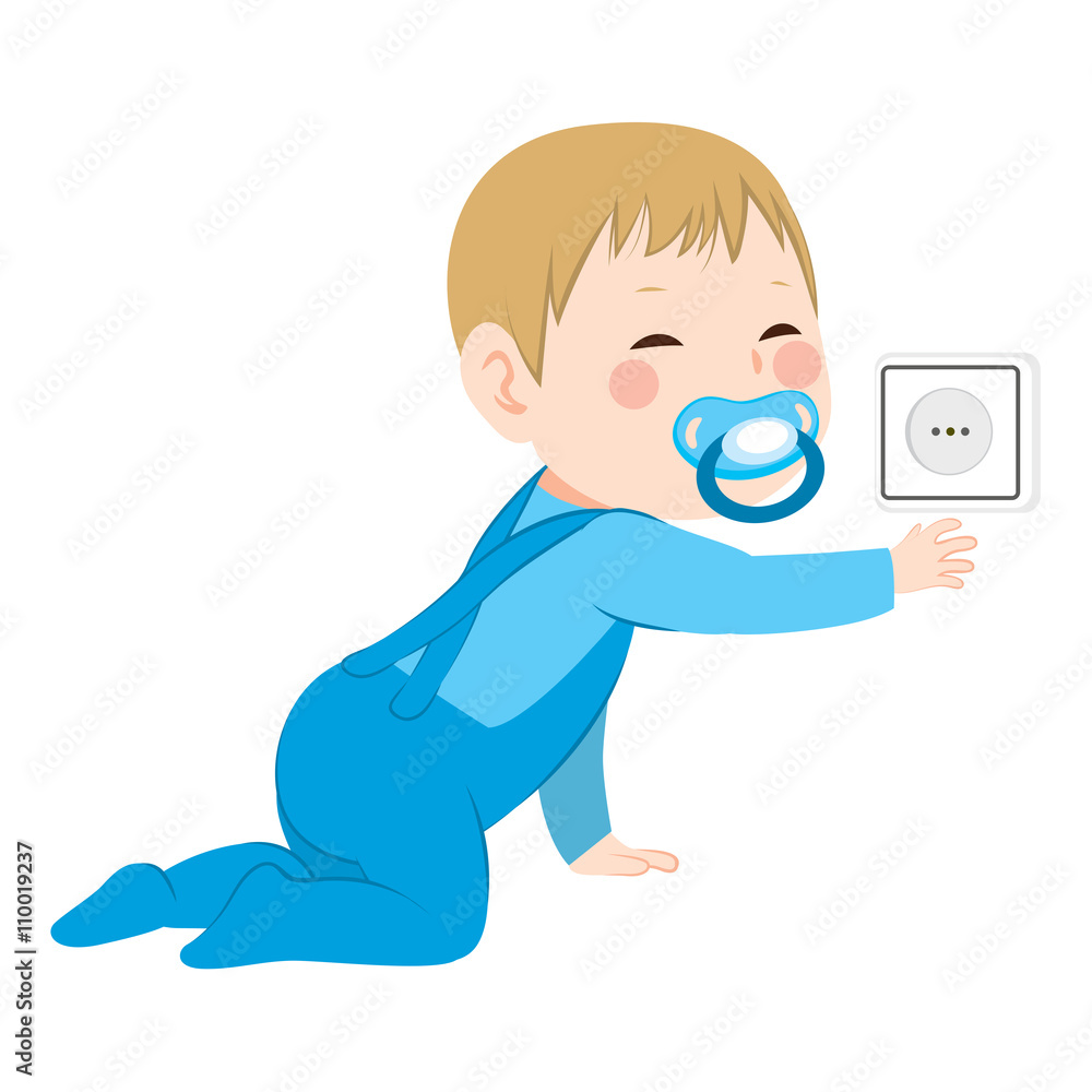 Baby Boy about to touch an uncovered socket Baby Boy about to touch an uncovered socket