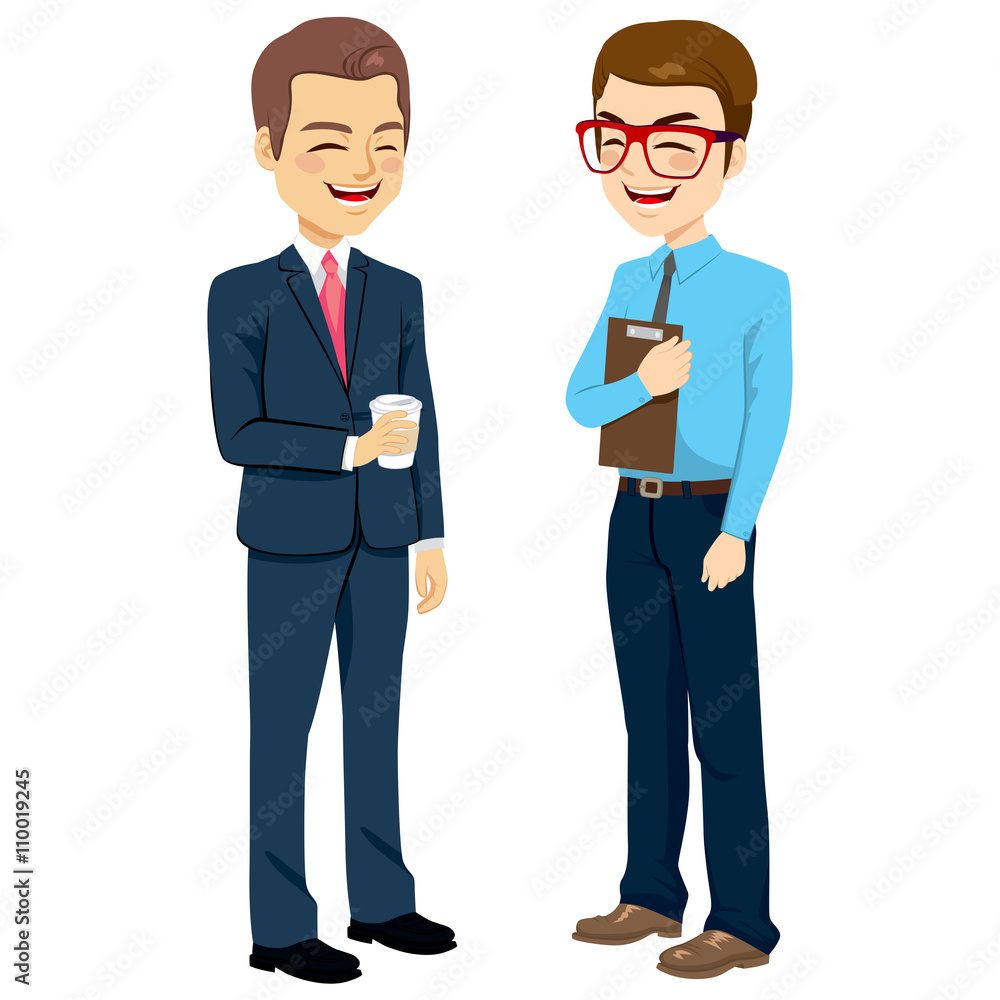 Two businessmen standing talking and chatting on break time