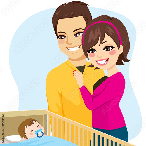 Cute parents couple watching little baby boy sleeping peacefully in crib with pacifier