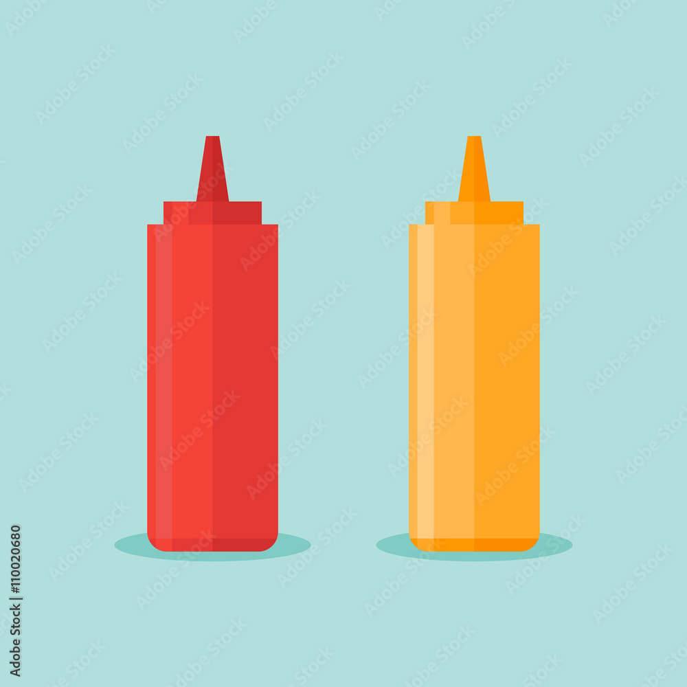 Bottles of ketchup and mustard isolated on blue background. Vector illustration. Bottles of ketchup and mustard isolated on blue background. Vector illustration.