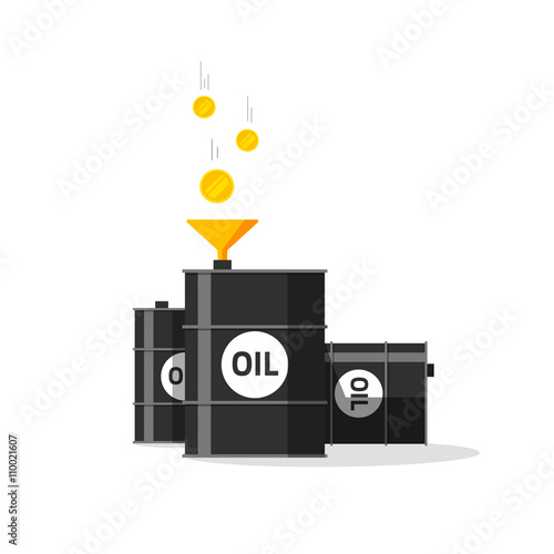 Oil barrels with funnel, gold coins falling to oil tanks, conversion, strategy, rich economy, currency exchange, production, expensive raw materials modern vector design isolated white background