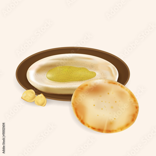  Illustration of hummus with pita bread isolated.