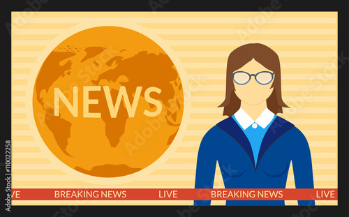 vector illustration. The news on screen TV. The woman reporter in the glasses.