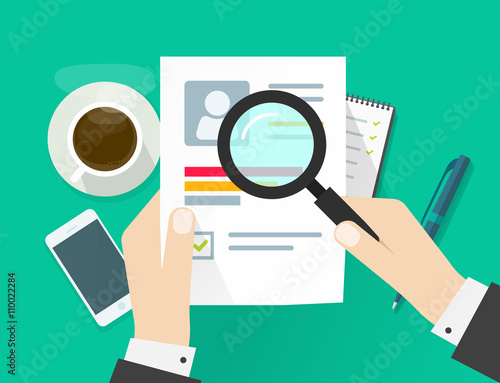 CV application paper sheet, business man hands holding resume document, concept of job interview searching, personal data skills research, training results analyze flat modern design isolated on green