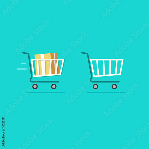 Shopping cart full and shopping cart empty vector icons, fast moving full trolley, basket sign, flat cartoon illustration design isolated on blue background