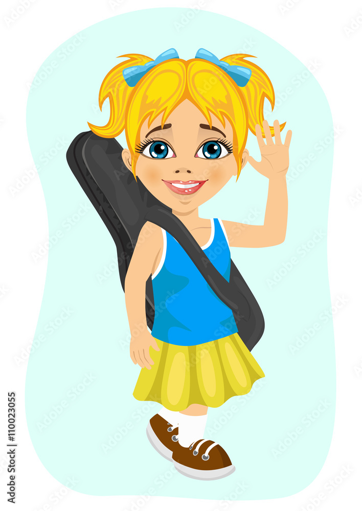 happy little girl walking with her guitar happy little girl walking with her guitar