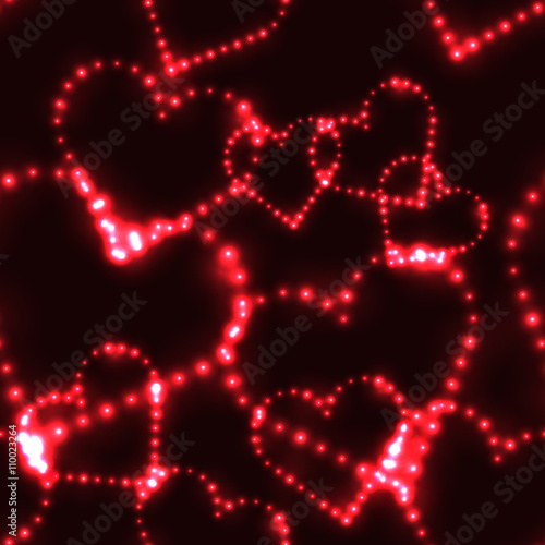 Neon shinning red hearts on dark background