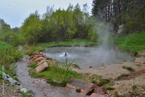 Thermal spring fountain in a pond