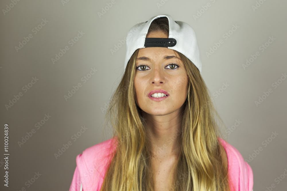 Close up portrait beautiful woman with pink sweatshirt and white Close up portrait beautiful woman with pink sweatshirt and white
