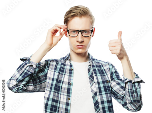 man in glasses showing thumb up 