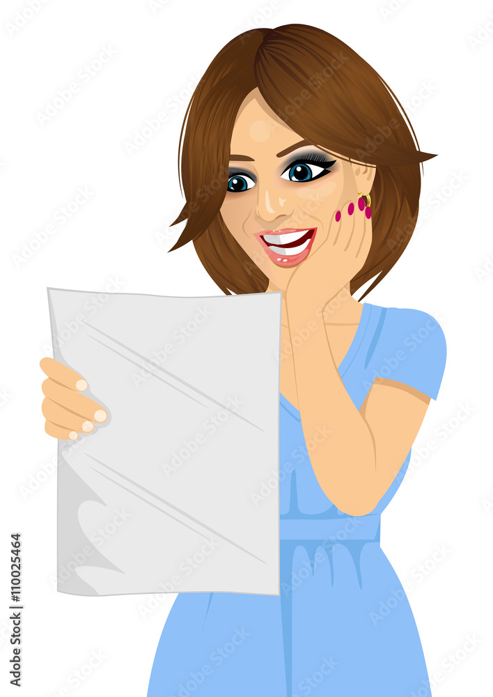young happy woman reading a letter with good news young happy woman reading a letter with good news