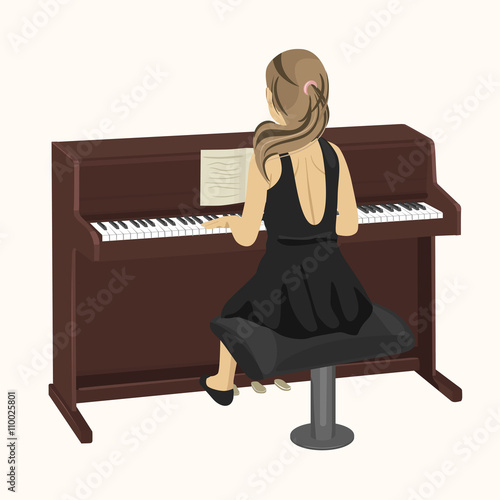 back view of young woman playing brown upright piano