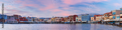 Panorama of Venetian quay with Kucuk Hasan Pasha Mosque at sunrise  Chania  Crete  Greece