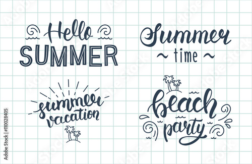 Summer hand lettering set. Summer typographic and calligraphic set.  Summer logos and emblems. Vector