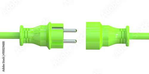 Green electric plug and socket, green energy concept. 3D renderi