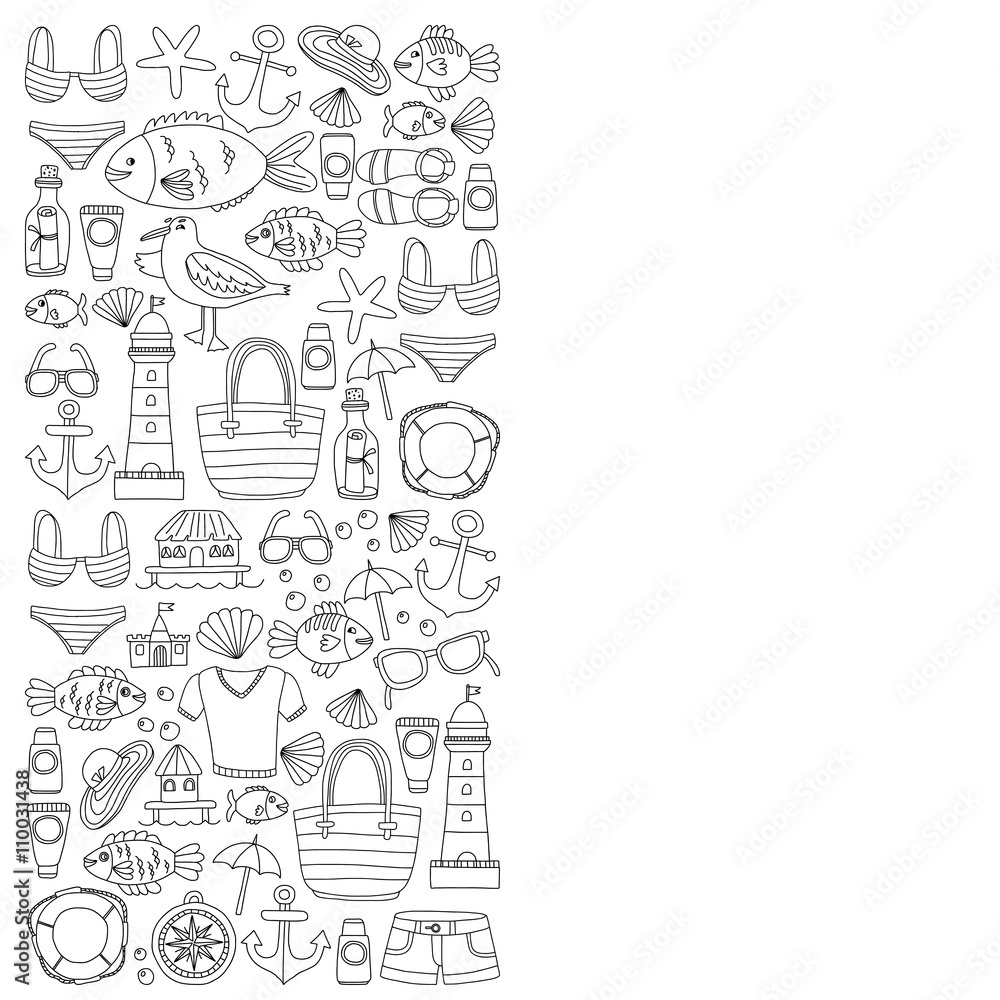 Doodle beach and Travel icons Hand drawn picture