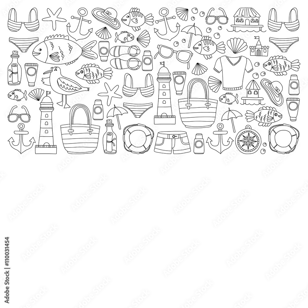Fototapeta premium Doodle beach and Travel icons Hand drawn picture