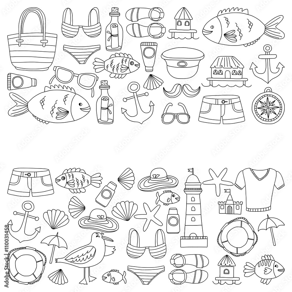 Doodle beach and Travel icons Hand drawn picture Doodle beach and Travel icons Hand drawn picture