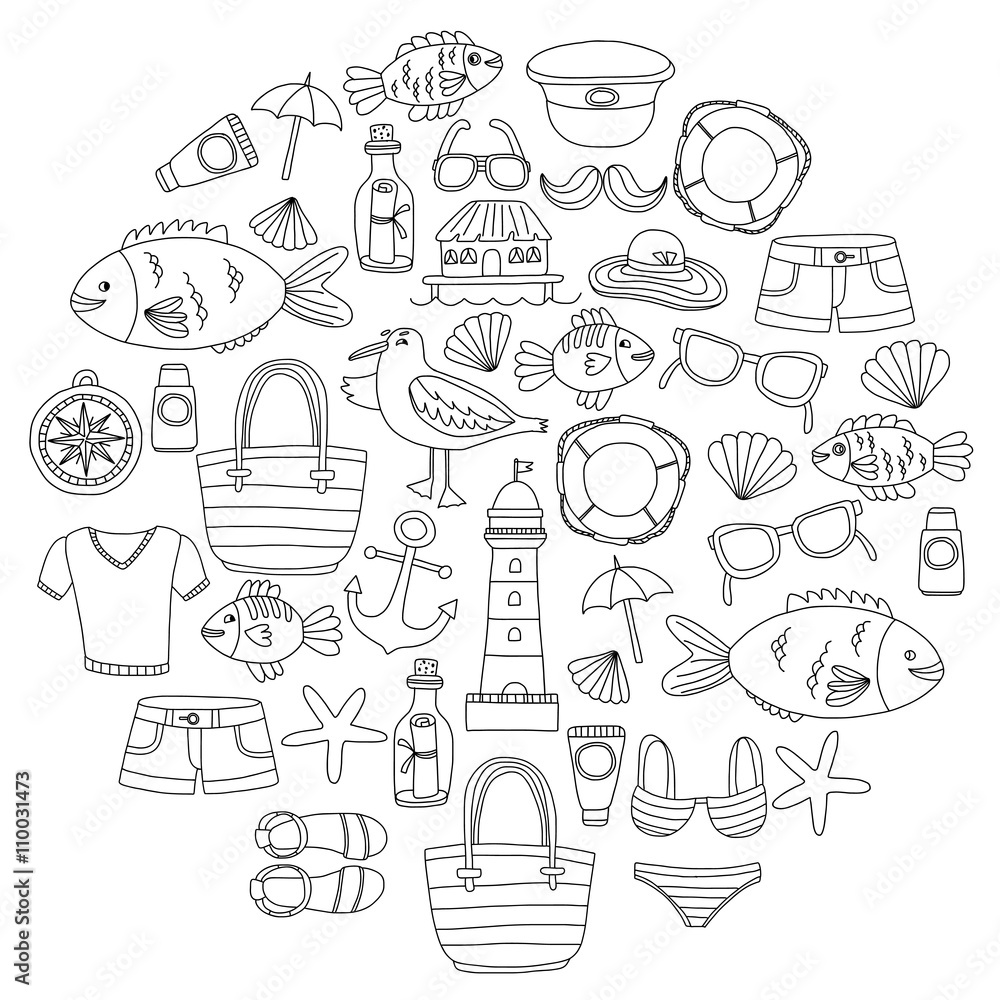 Doodle beach and Travel icons Hand drawn picture Doodle beach and Travel icons Hand drawn picture