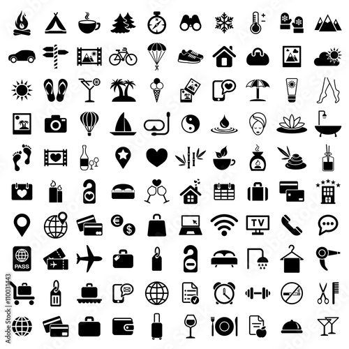 travel 100 icon big set black simple
