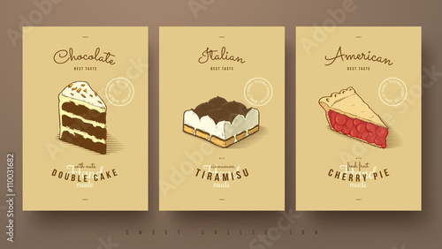 sweet collection of double cake, tiramisu and cherry pie