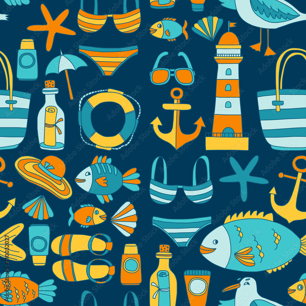 Naklejka premium Doodle beach and Travel icons Hand drawn picture