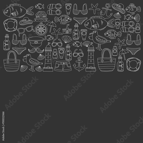 Doodle beach and Travel icons Hand drawn picture