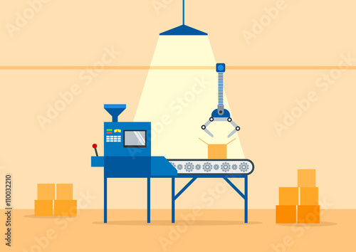 Conveyor Machine in Factory - flat vector illustration. Manufacture and packaging on factory by conveyor belt. Production concept.