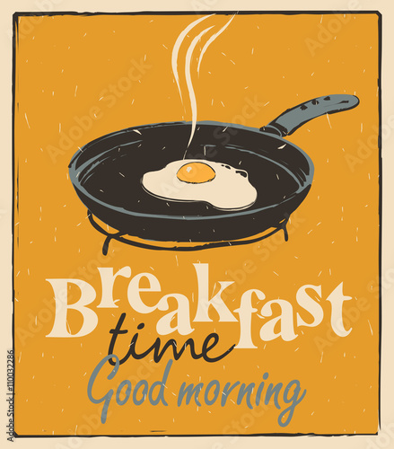 Vector banner for breakfast time with a frying pan and fried eggs in retro style