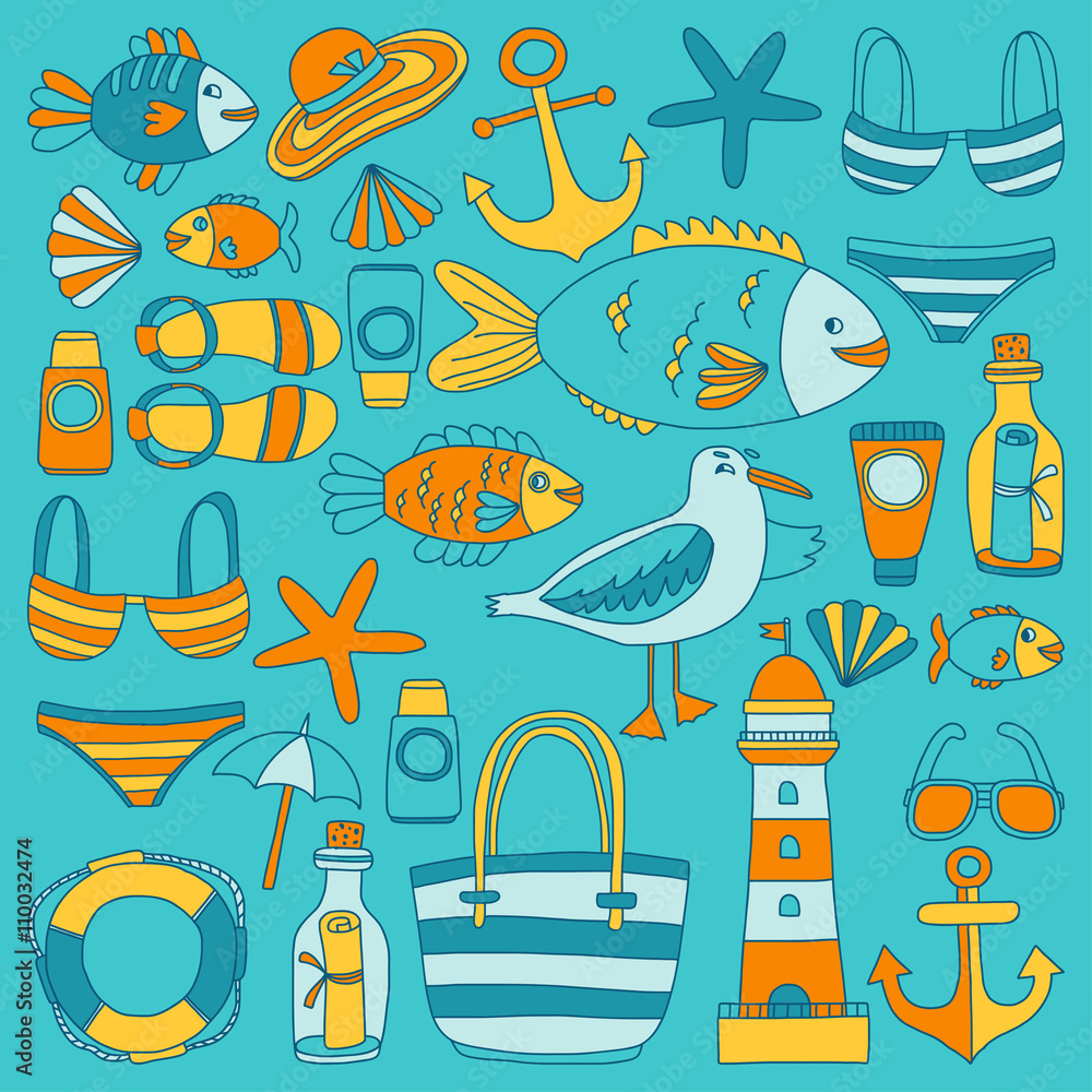 Naklejka premium Doodle beach and Travel icons Hand drawn picture