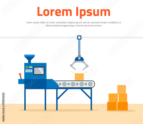 Conveyor Machine in Factory - flat vector illustration. Manufacture and packaging on factory by conveyor belt.